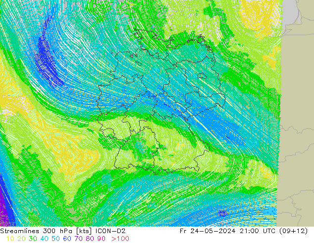 Rüzgar 300 hPa ICON-D2 Cu 24.05.2024 21 UTC