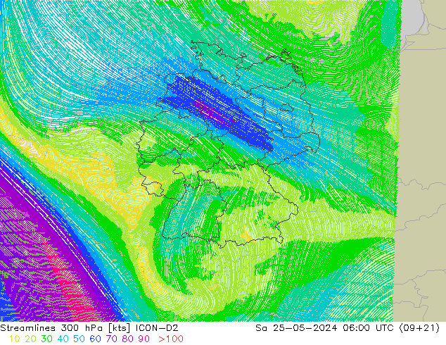 Stromlinien 300 hPa ICON-D2 Sa 25.05.2024 06 UTC