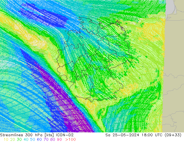 Streamlines 300 hPa ICON-D2 Sa 25.05.2024 18 UTC