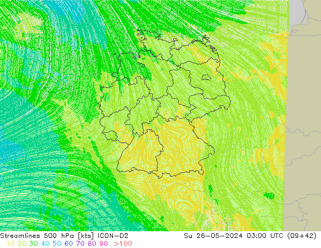 Streamlines 500 hPa ICON-D2 Su 26.05.2024 03 UTC