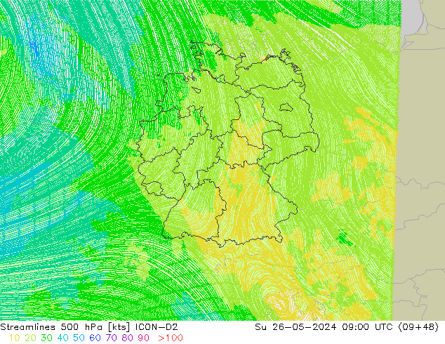 Streamlines 500 hPa ICON-D2 Su 26.05.2024 09 UTC