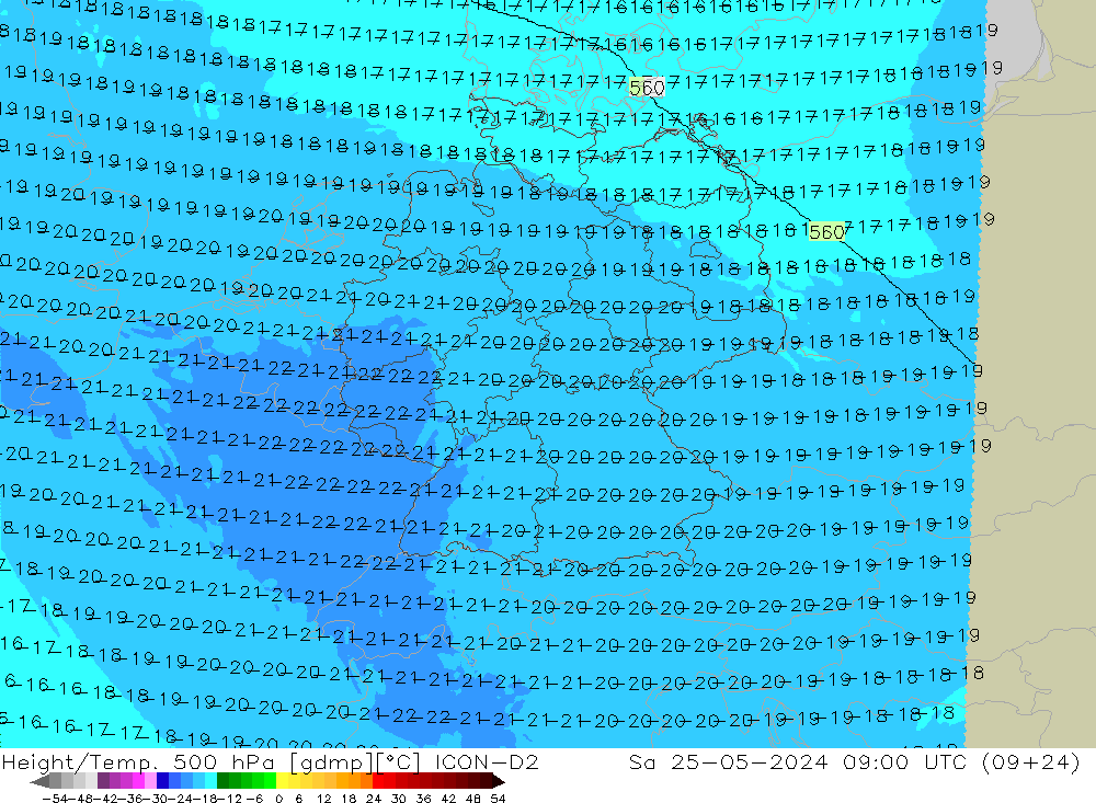 Height/Temp. 500 hPa ICON-D2 So 25.05.2024 09 UTC