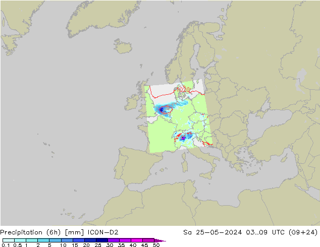 Precipitation (6h) ICON-D2 Sa 25.05.2024 09 UTC