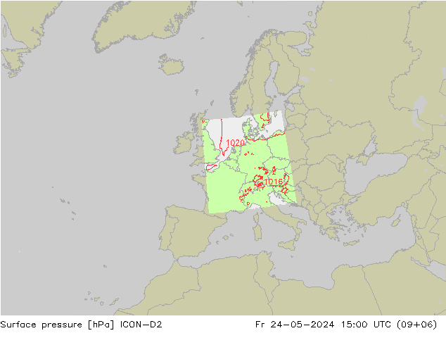 Pressione al suolo ICON-D2 ven 24.05.2024 15 UTC