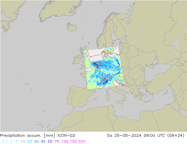 Precipitation accum. ICON-D2 so. 25.05.2024 09 UTC