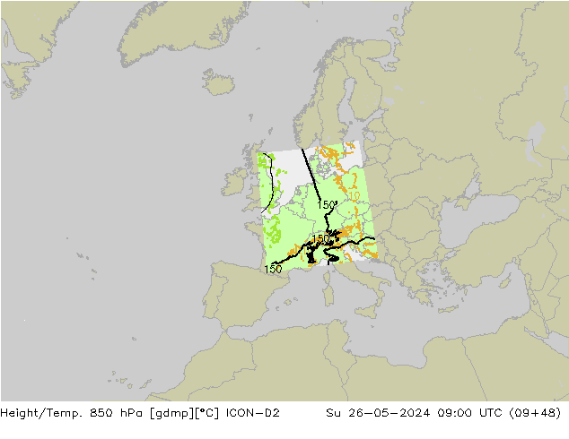 Height/Temp. 850 hPa ICON-D2 Su 26.05.2024 09 UTC
