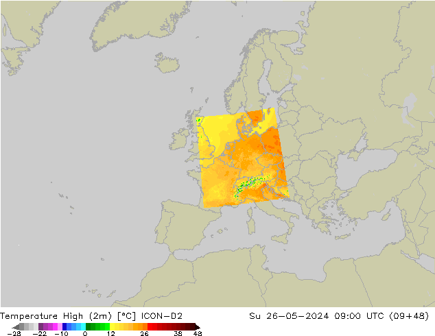 Max.temperatuur (2m) ICON-D2 zo 26.05.2024 09 UTC