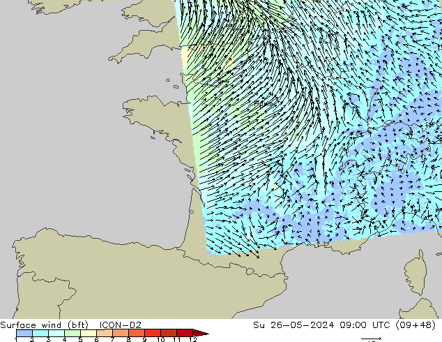 Bodenwind (bft) ICON-D2 So 26.05.2024 09 UTC