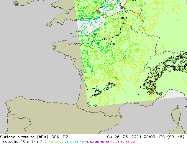 Isotachs (kph) ICON-D2 Su 26.05.2024 09 UTC