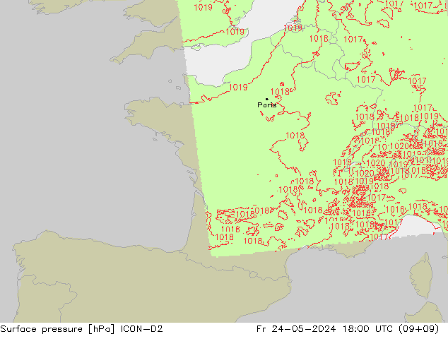 Luchtdruk (Grond) ICON-D2 vr 24.05.2024 18 UTC