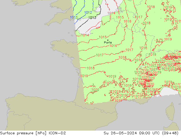 Presión superficial ICON-D2 dom 26.05.2024 09 UTC