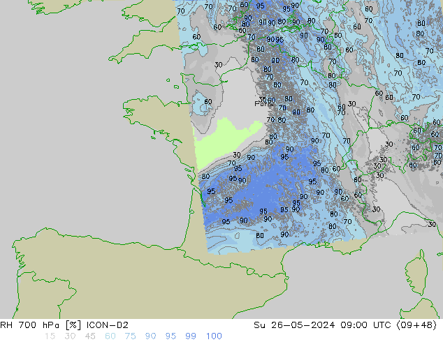 RH 700 hPa ICON-D2 Dom 26.05.2024 09 UTC