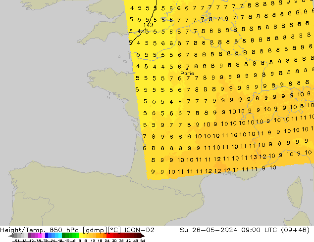 Géop./Temp. 850 hPa ICON-D2 dim 26.05.2024 09 UTC