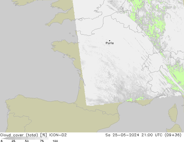 Cloud cover (total) ICON-D2 Sa 25.05.2024 21 UTC