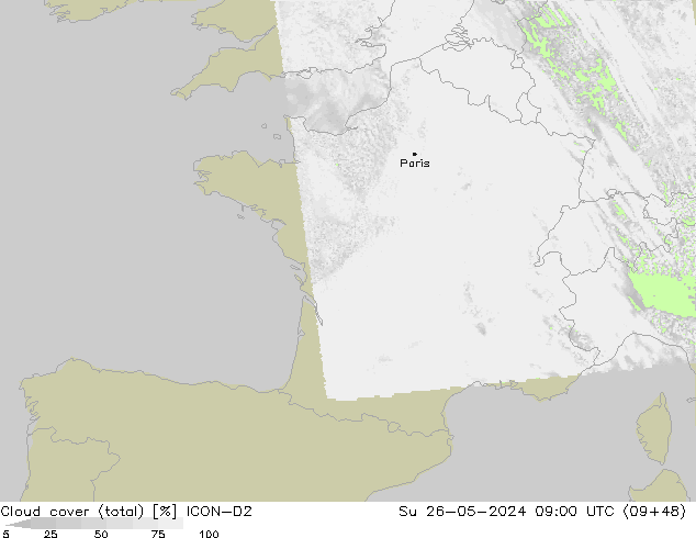 Cloud cover (total) ICON-D2 Su 26.05.2024 09 UTC