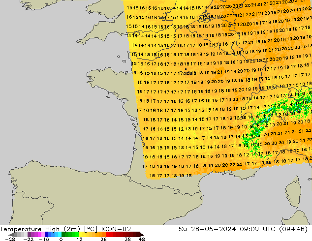 Темпер. макс 2т ICON-D2 Вс 26.05.2024 09 UTC