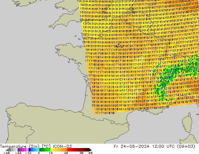 Temperaturkarte (2m) ICON-D2 Fr 24.05.2024 12 UTC