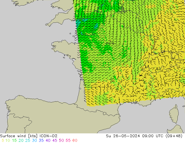 Viento 10 m ICON-D2 dom 26.05.2024 09 UTC