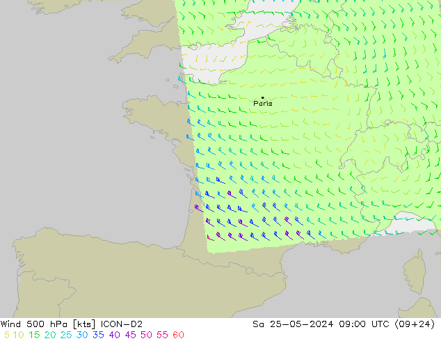 Wind 500 hPa ICON-D2 Sa 25.05.2024 09 UTC