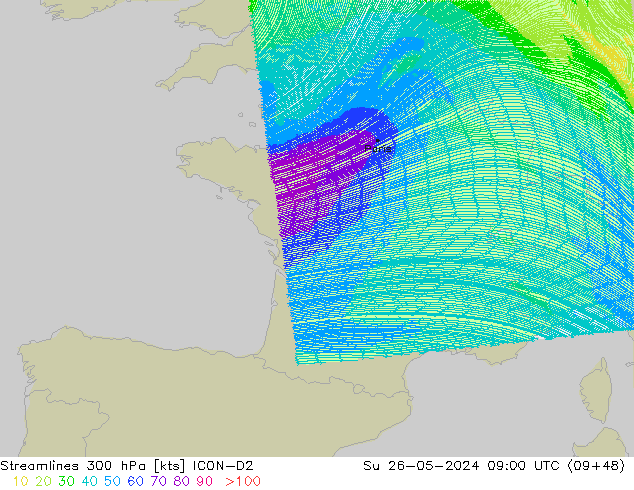 Streamlines 300 hPa ICON-D2 Su 26.05.2024 09 UTC