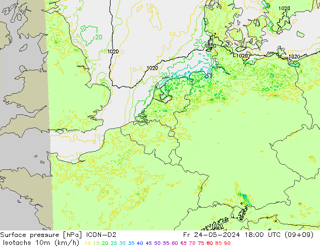 Isotachs (kph) ICON-D2 Pá 24.05.2024 18 UTC