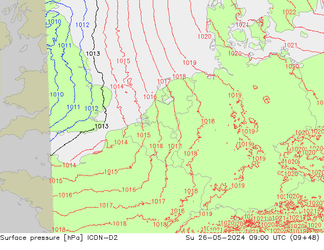 Luchtdruk (Grond) ICON-D2 zo 26.05.2024 09 UTC