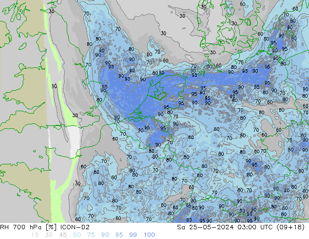 RH 700 hPa ICON-D2 Sa 25.05.2024 03 UTC