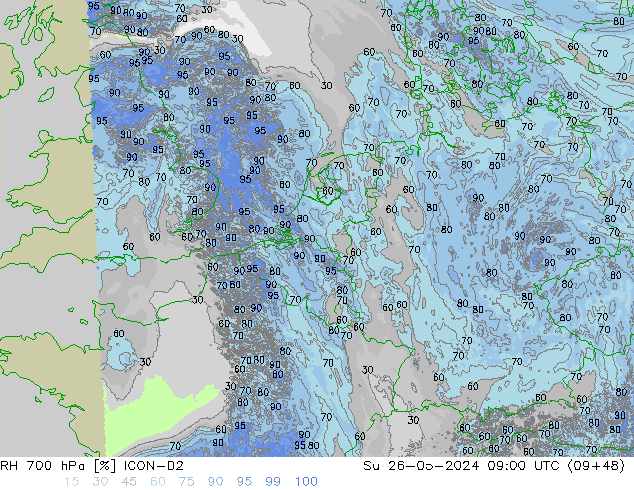 Humidité rel. 700 hPa ICON-D2 dim 26.05.2024 09 UTC