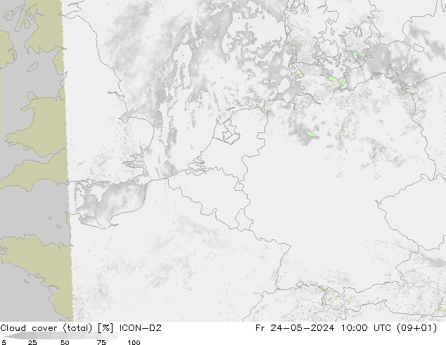 Cloud cover (total) ICON-D2 Fr 24.05.2024 10 UTC