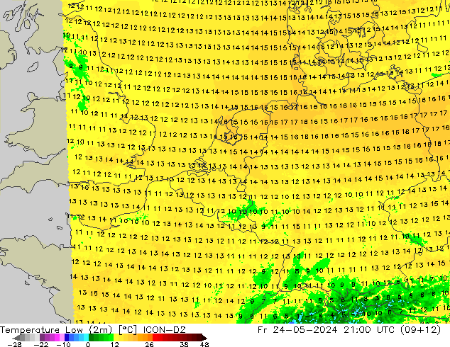 Tiefstwerte (2m) ICON-D2 Fr 24.05.2024 21 UTC