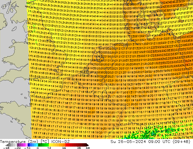 Temperature (2m) ICON-D2 Su 26.05.2024 09 UTC