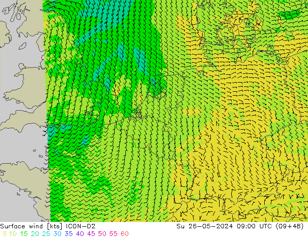 Surface wind ICON-D2 Su 26.05.2024 09 UTC