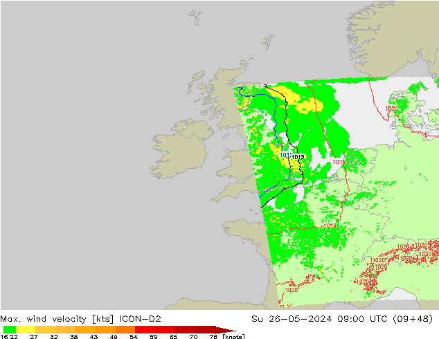 Max. wind velocity ICON-D2 nie. 26.05.2024 09 UTC