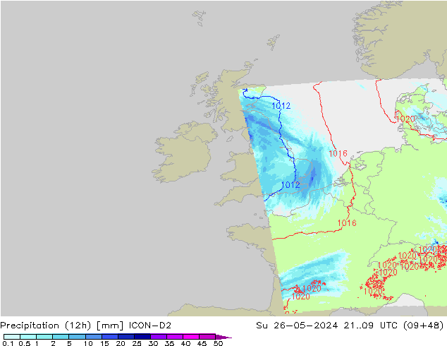 Precipitation (12h) ICON-D2 Su 26.05.2024 09 UTC