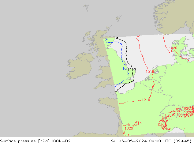 Pressione al suolo ICON-D2 dom 26.05.2024 09 UTC