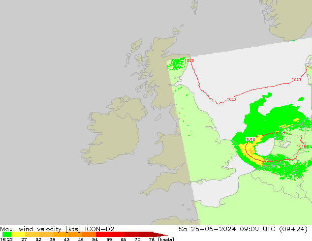 Max. wind velocity ICON-D2 so. 25.05.2024 09 UTC