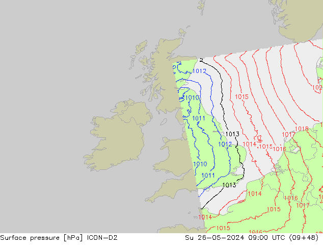 Luchtdruk (Grond) ICON-D2 zo 26.05.2024 09 UTC