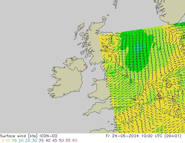 Surface wind ICON-D2 Fr 24.05.2024 10 UTC