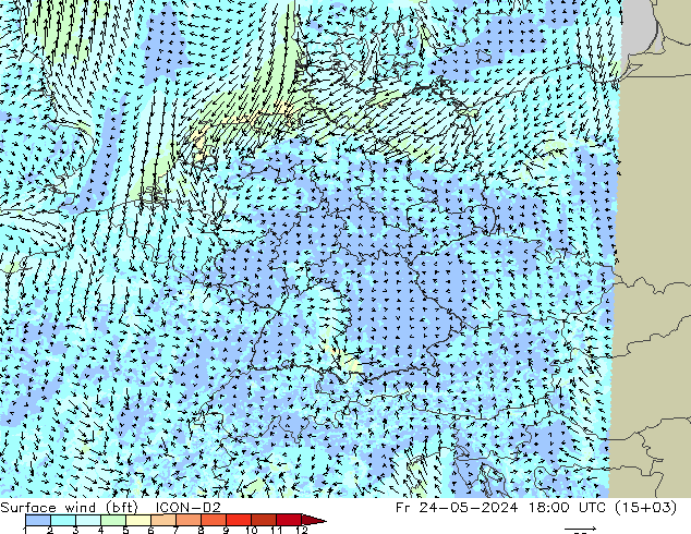 Rüzgar 10 m (bft) ICON-D2 Cu 24.05.2024 18 UTC