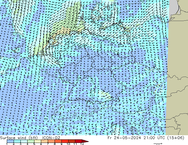 Surface wind (bft) ICON-D2 Fr 24.05.2024 21 UTC