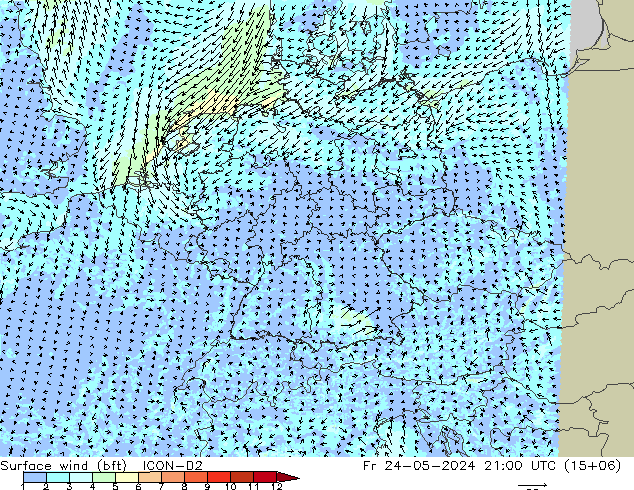 ве�Bе�@ 10 m (bft) ICON-D2 пт 24.05.2024 21 UTC
