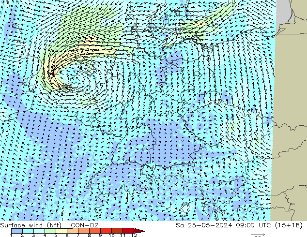 Surface wind (bft) ICON-D2 So 25.05.2024 09 UTC