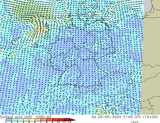 Surface wind (bft) ICON-D2 Sa 25.05.2024 21 UTC