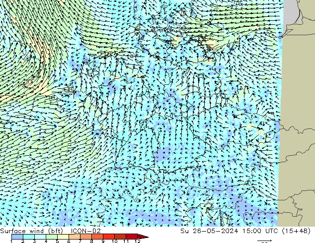 Surface wind (bft) ICON-D2 Su 26.05.2024 15 UTC