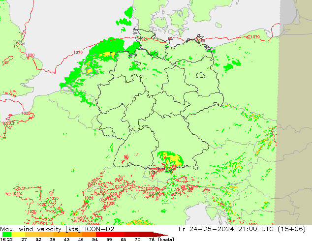 Max. wind velocity ICON-D2  24.05.2024 21 UTC