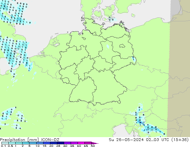 Srážky ICON-D2 Ne 26.05.2024 03 UTC