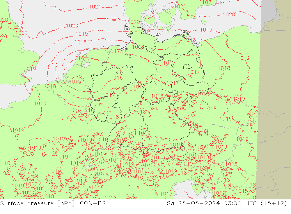 Pressione al suolo ICON-D2 sab 25.05.2024 03 UTC