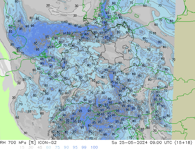 Humidité rel. 700 hPa ICON-D2 sam 25.05.2024 09 UTC