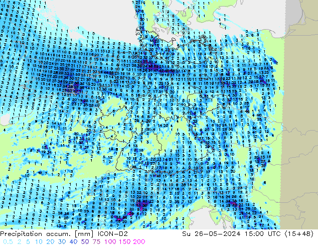 Totale neerslag ICON-D2 zo 26.05.2024 15 UTC