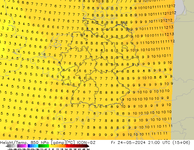 Height/Temp. 850 hPa ICON-D2 Fr 24.05.2024 21 UTC